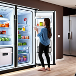 **

Prompt: A modern home interior showcasing smart appliances (refrigerator, air conditioner) with energy efficiency labels. The scene emphasizes energy conservation with elements like LED lighting, well-insulated windows, and a smart thermostat. Family members are interacting with the smart technology, highlighting the benefits of energy-efficient living.

**